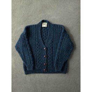 Vintage 1990s Carraig Donn Blue Flecked Pure New Wool Cable Knit Cardigan XS